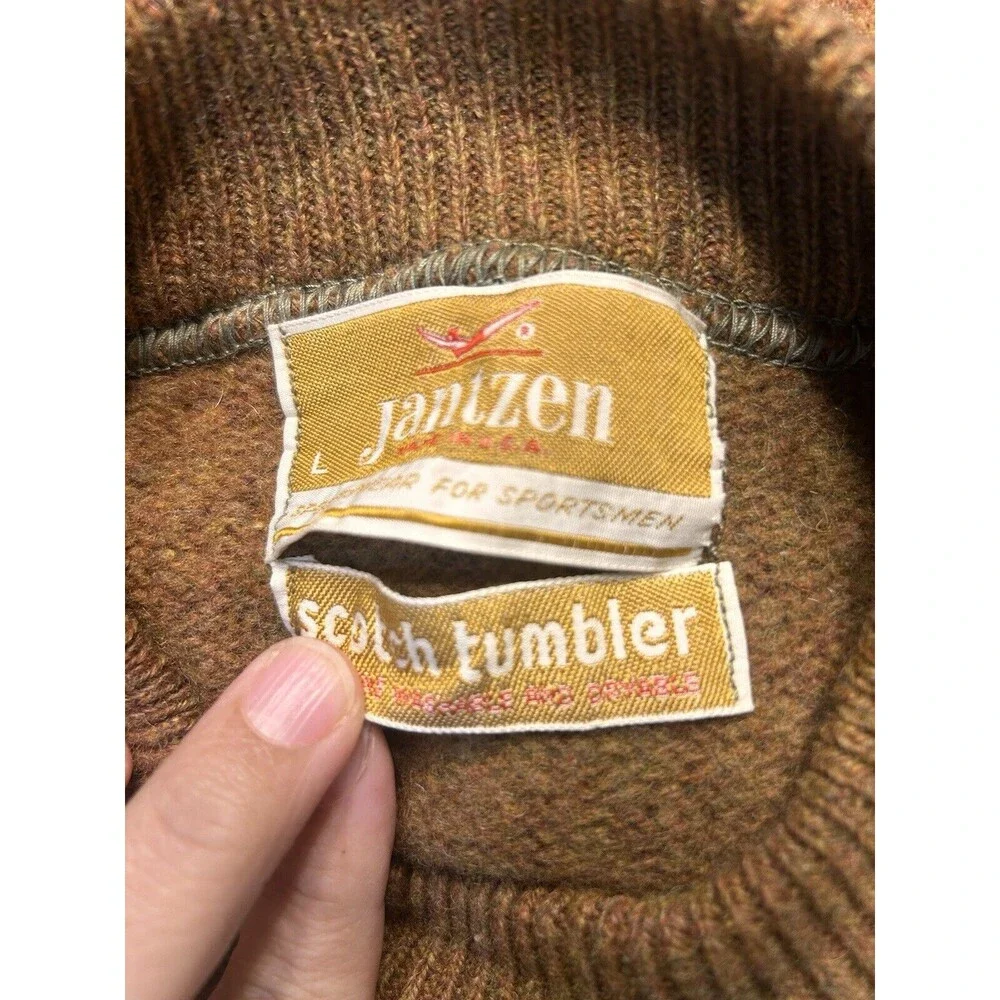 Vintage 80’s Jantzen Sweater Mens Large Tan Brown Wool Knit Crew Neck USA Made - Picture 2 of 4